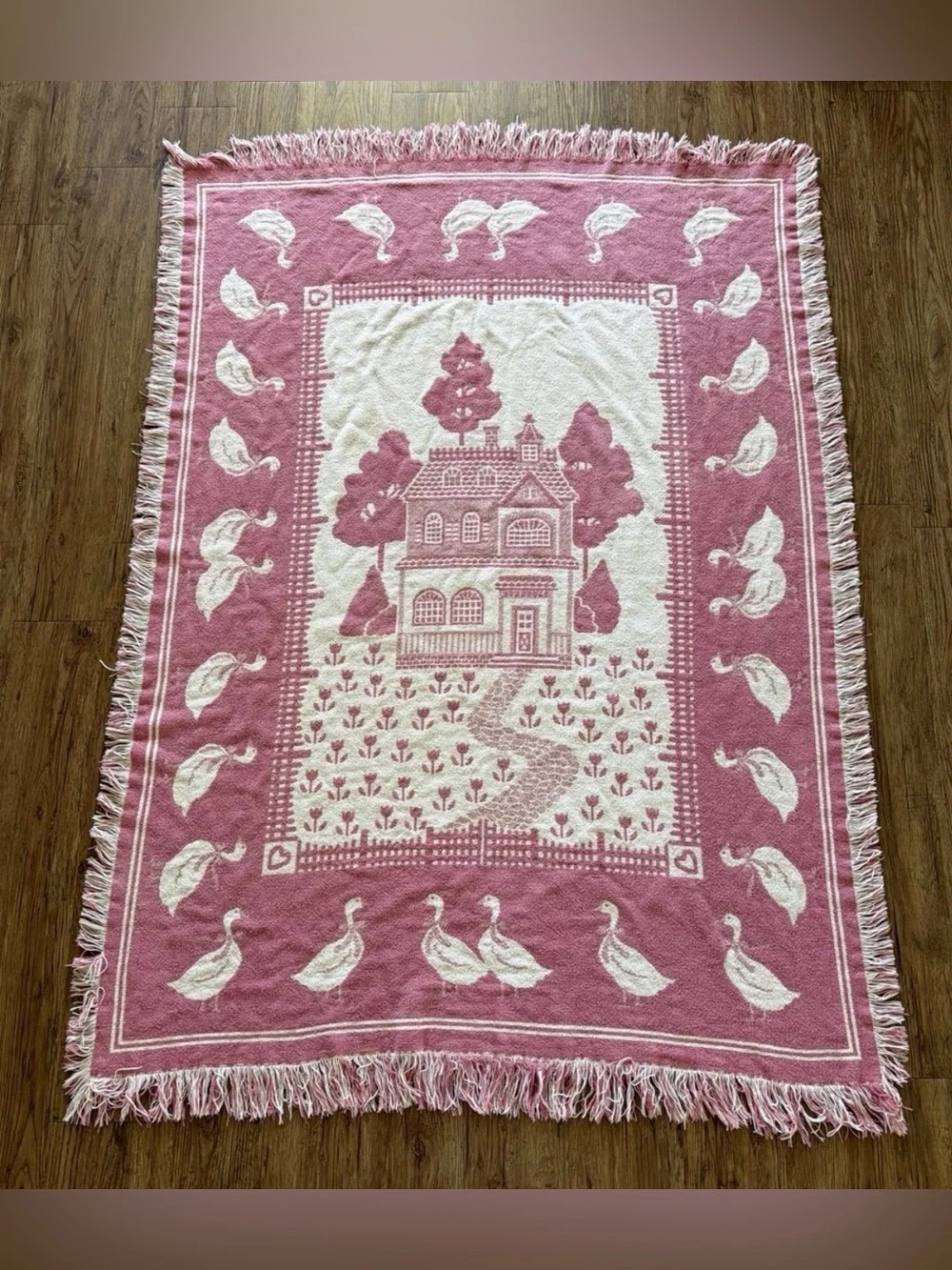 Pink and Cream Cottagecore Country Farmhouse Geese Cotton Woven Throw Blanket